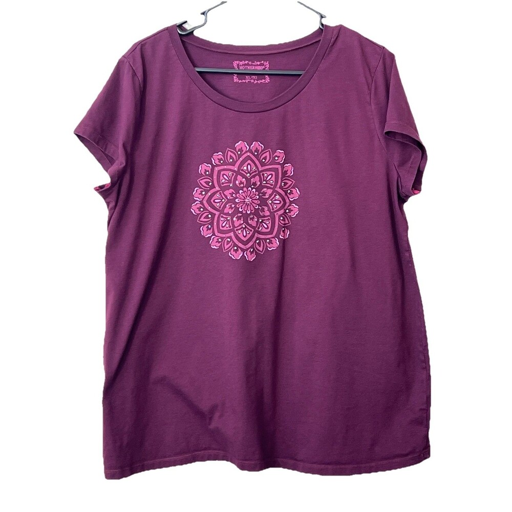 Motherhood Maternity Tee XL Maroon Red Graphic Mandala Rhinestone Short Sleeve